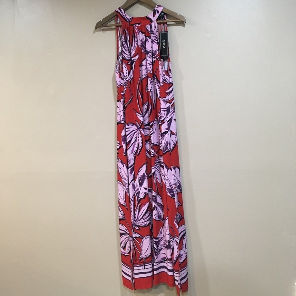 MSK Floral Halter Neck Maxi‎ Dress Womens L Aurora Red Tropical Resort Boho Long